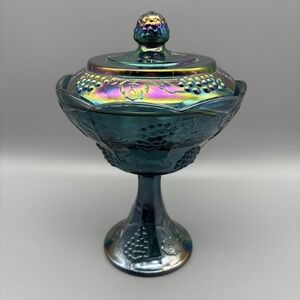 Indiana Glass Blue Carnival Harvest Grape Pedestal Compote with Lid | Vintage